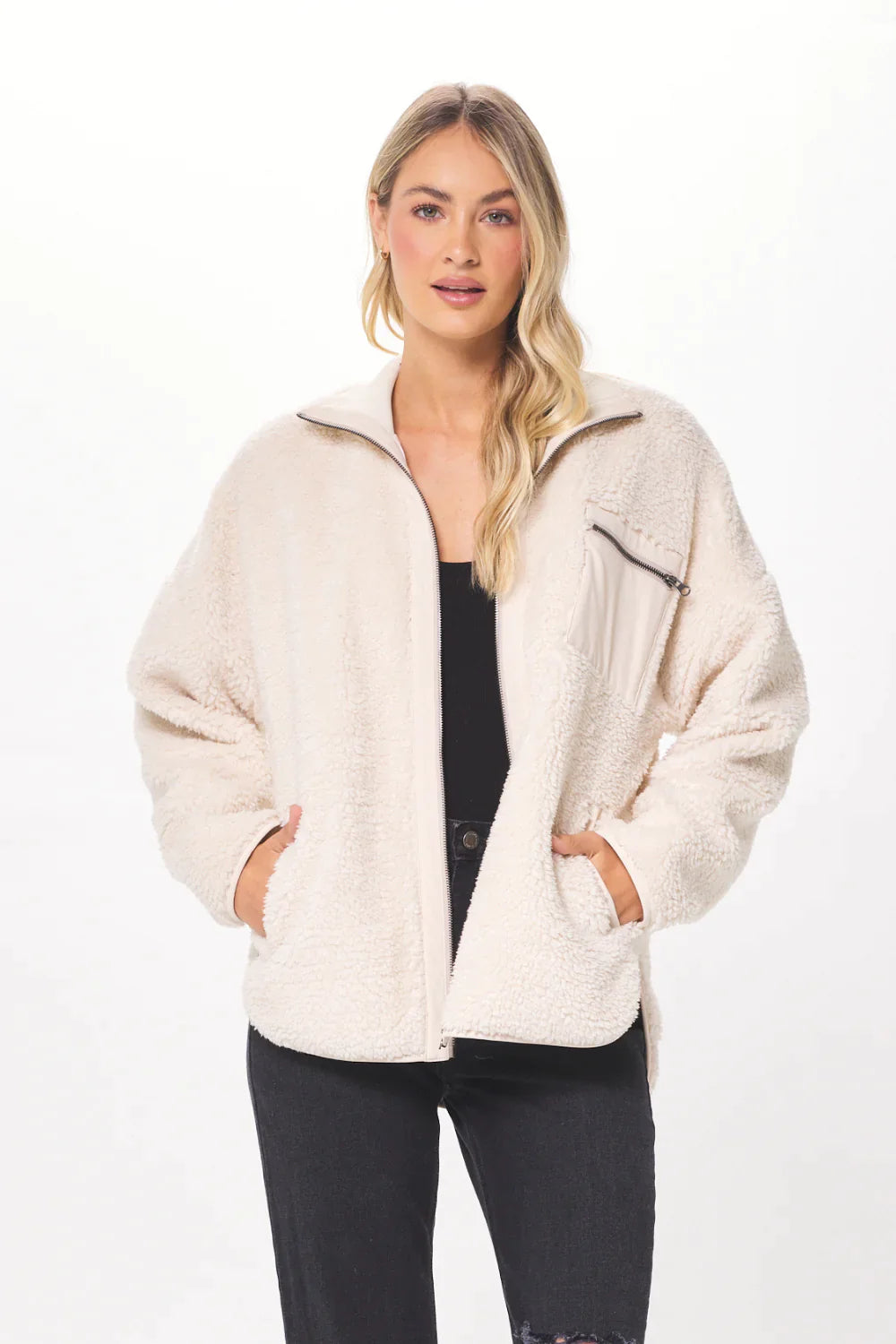 Ecru Shearling Jacket with Leather Trim - Madison's Niche