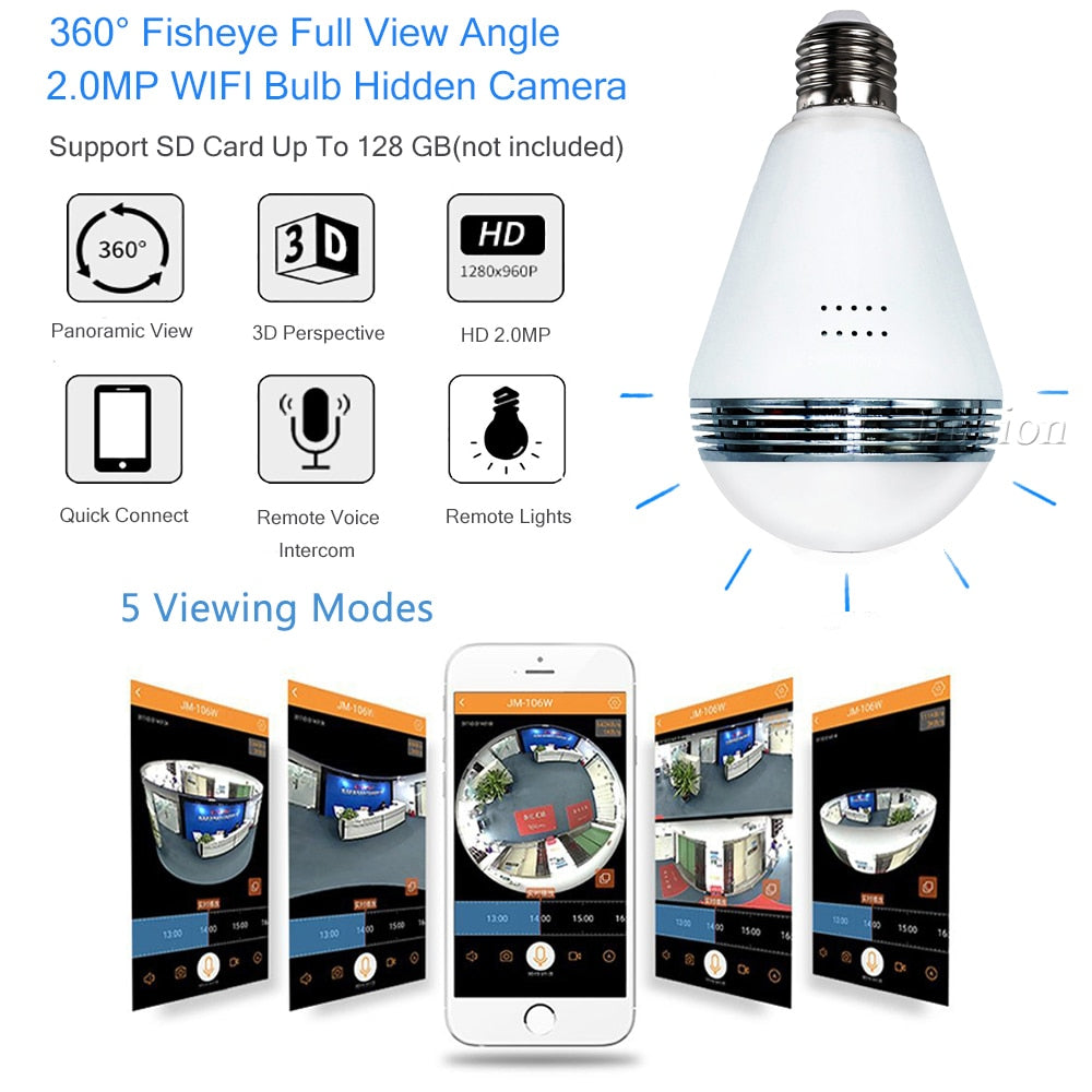 IP WIFI Mini Camera 360 Light Bulb IR Night Vision Live Security Surveillance Cam CCTV Secret 1.3MP Smart for iPhone Android