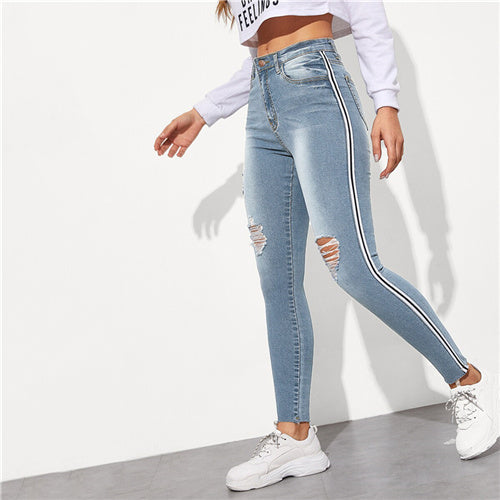 SweatyRocks Stripe Side Ripped Skinny Jeans