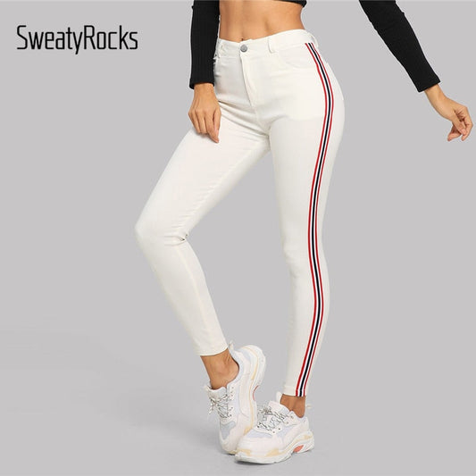 SweatyRocks Contrast Tape White Skinny Jeans