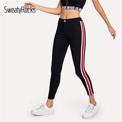 SweatyRocks Stripe Tape Side Jeans Black